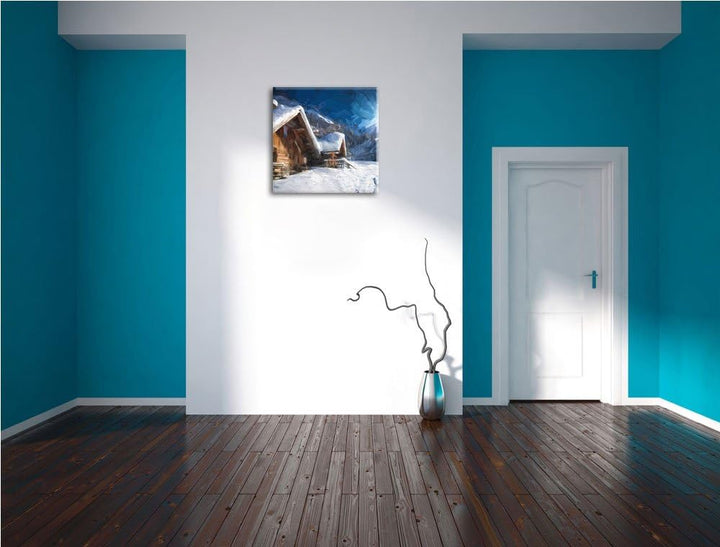 Pixxprint Verschneite Hütten in winterlicher Alpenlandschaft, Format: 70x70 auf Leinwand, 70x70