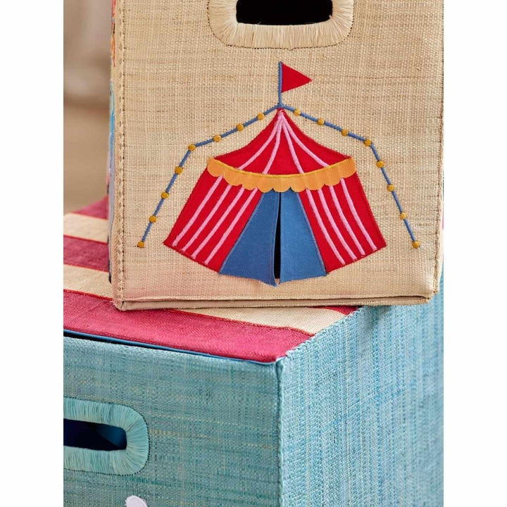 Grosse Raffia Aufbewahrungsbox für Kinder mit Zirkusmotiv, faltbar mit Deckel & Griffen | handgefert