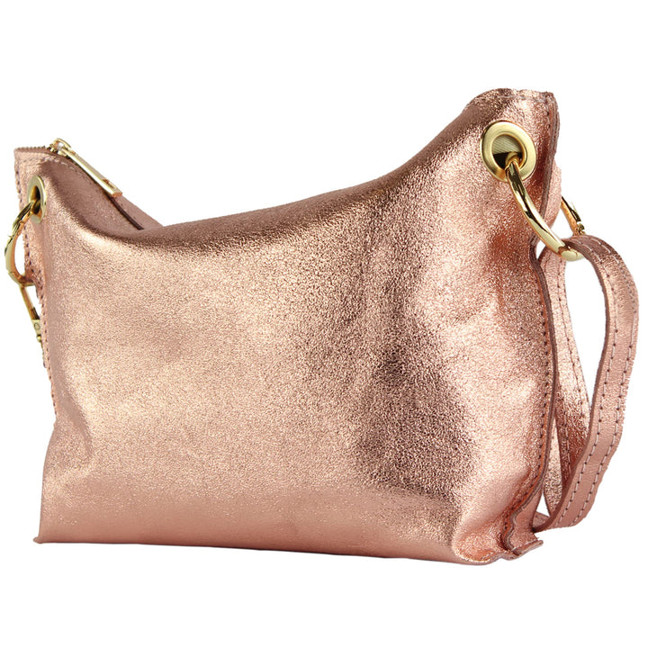 modamoda de - T243 - ital. Umhängetasche Klein Small aus Leder Roségold-metallic, Roségold-metallic