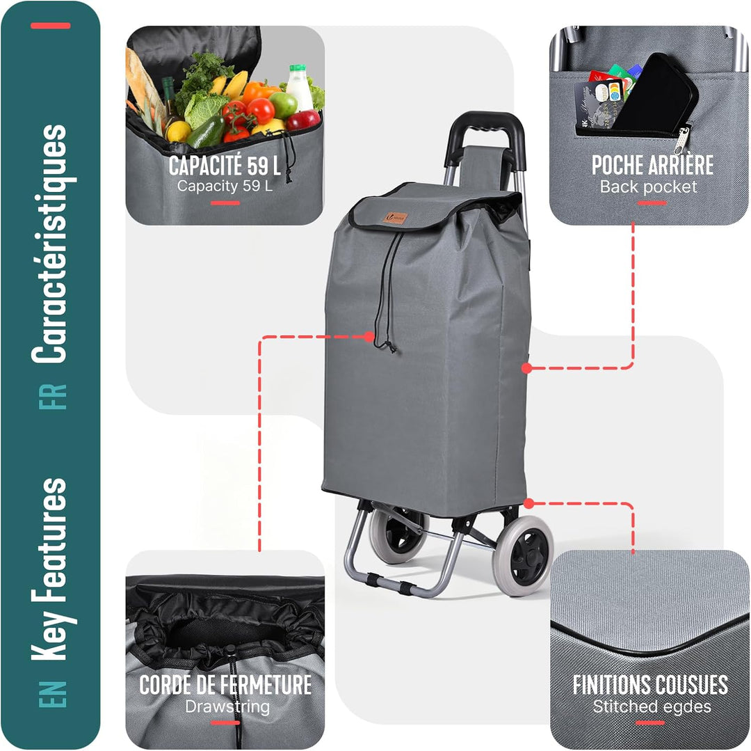 VOUNOT® Einkaufstrolley klappbar 59L, 2-in-1 Trolley Einkaufswagen mit 2 Räder, Abnehmbare Tasche, R