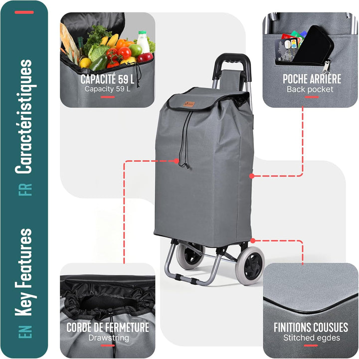 VOUNOT® Einkaufstrolley klappbar 59L, 2-in-1 Trolley Einkaufswagen mit 2 Räder, Abnehmbare Tasche, R