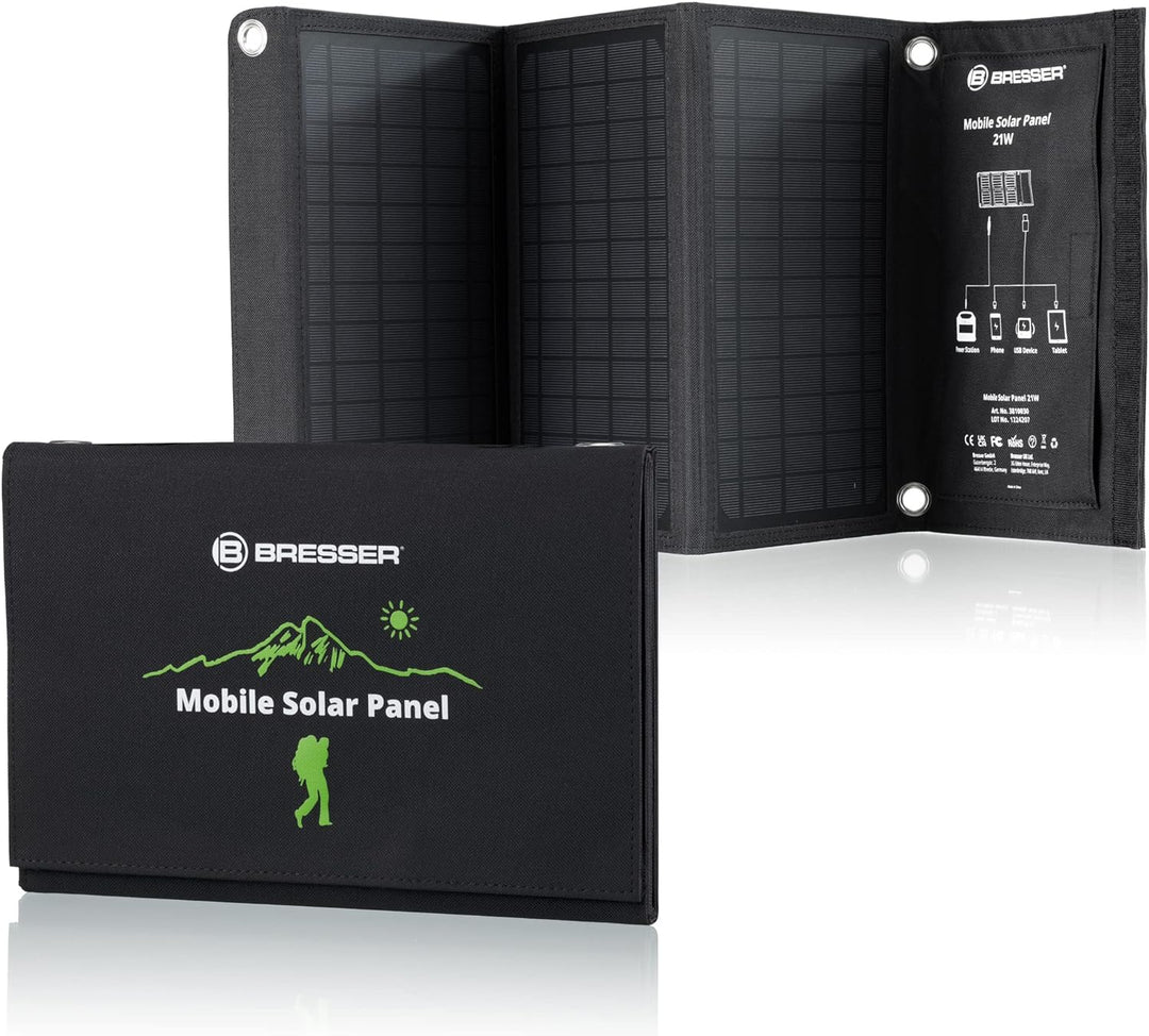 Bresser Solar Ladegerät 21W mit USB-A- und DC-Anschluss inkl. Adaptern, Solar-Panel als Ladegerät fü