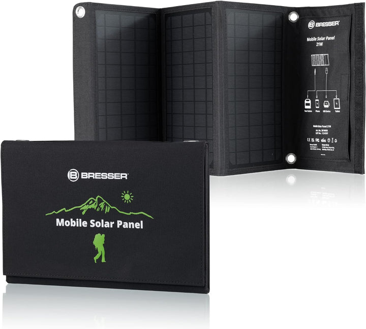 Bresser Solar Ladegerät 21W mit USB-A- und DC-Anschluss inkl. Adaptern, Solar-Panel als Ladegerät fü