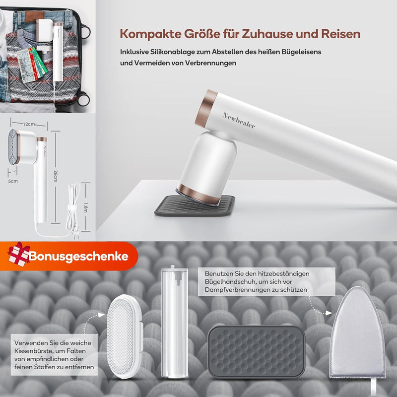 Newbealer Steamer Dampfglätter, 1200W, 120ml, Tragbarer Dampfbügel mit Hand Dampfbürste für Kleidung