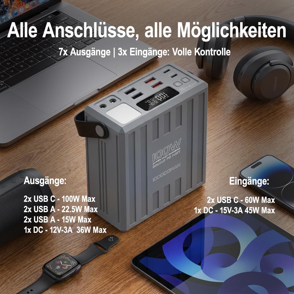 KONFULON Powerbank 100000mAh (370Wh, ca. 350Wh nutzbar) – 100W Schnellladefunktion, USB-C PD & DC-An