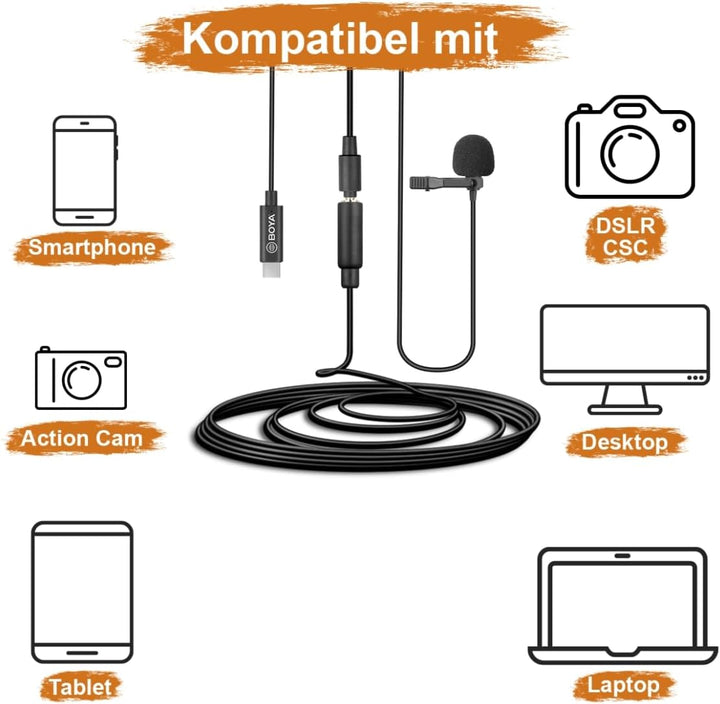 Walimex pro Boya M3 Ansteckmikrofon für USB C, leistungsstarkes Lavaliermikrofon 50 Hz-20 kHz, exter