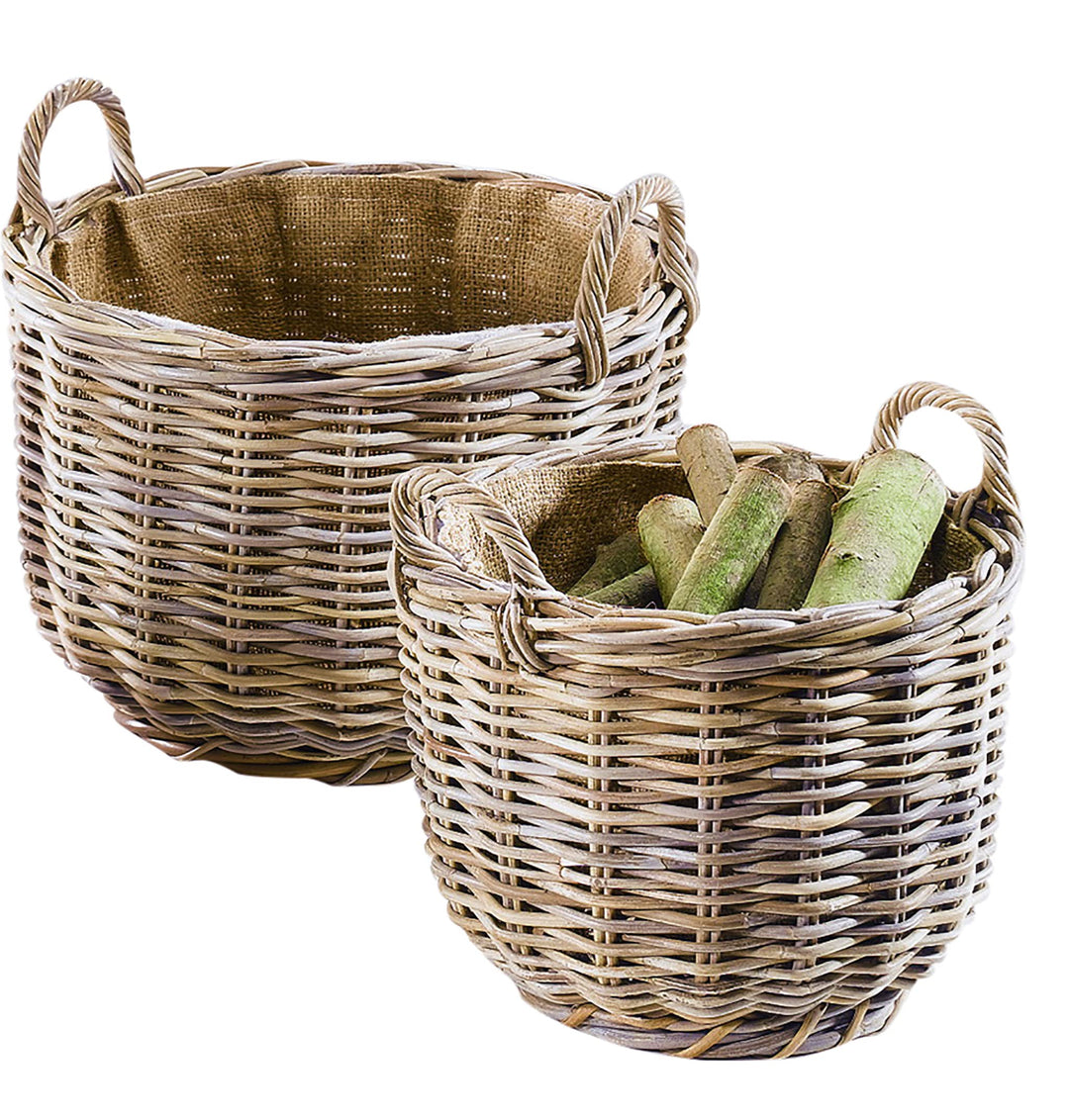 Kobolo Holztrage Holzkorb für Kaminholz Kaminholzkorb - rund, grau - Rattan - 2er Set