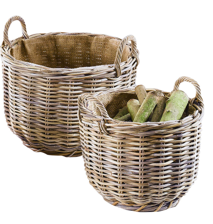 Kobolo Holztrage Holzkorb für Kaminholz Kaminholzkorb - rund, grau - Rattan - 2er Set