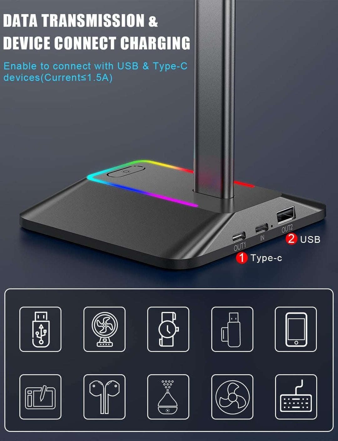 New bee Kopfhörer Ständer RGB Headset Halterung mit USB Typ-C Ladegeräten und Datenübertragung Unive