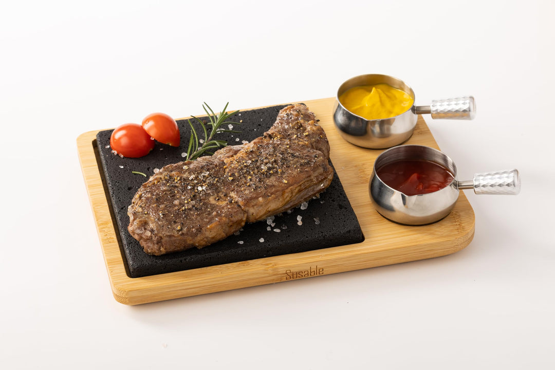 Lavastein Steak-BBQ Servierbrett Set,Hot Stone Steingrill Set aus Bambusbrett Lavastone,Grillen auf