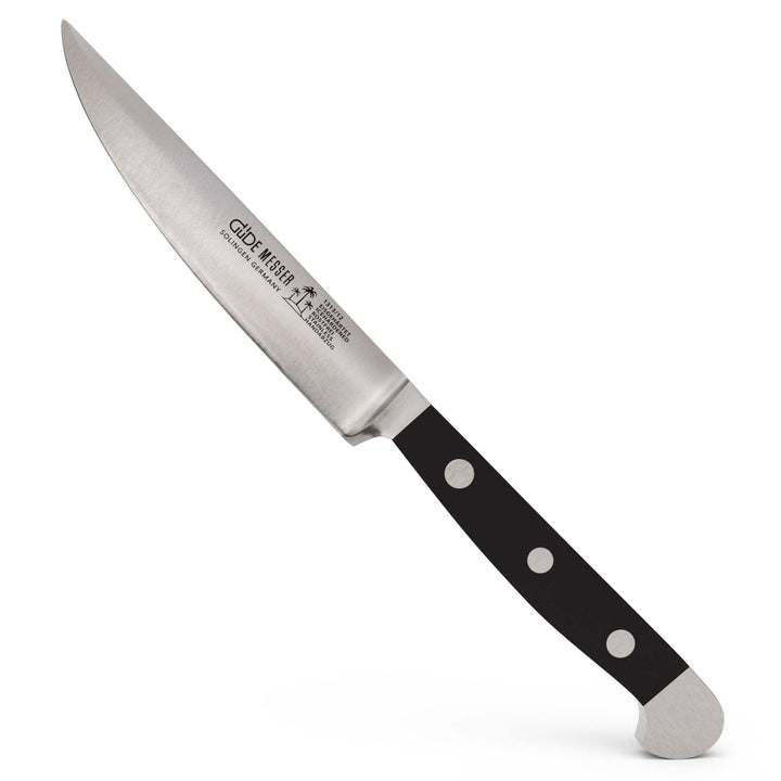 GÜDE Solingen - Steakmesser Glatt geschmiedet, 12 cm, POM schwarz, ALPHA, Doppelkropf, Handmade Germ
