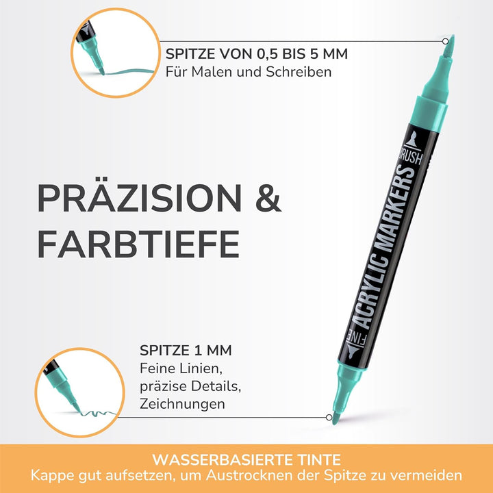 Zenacolor 72 Acrylstifte für Steine Wasserfest - mit Doppelspitze (feine Spitze und Pinsel) zum Zeic