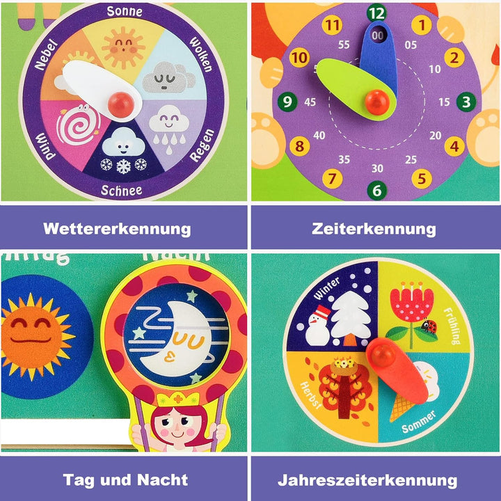 Atoylink Lernuhr Kinder Holz Lerntafel Uhr Jahreszeiten Kalenderuhr Deutsche Sprache Holzspielzeug L
