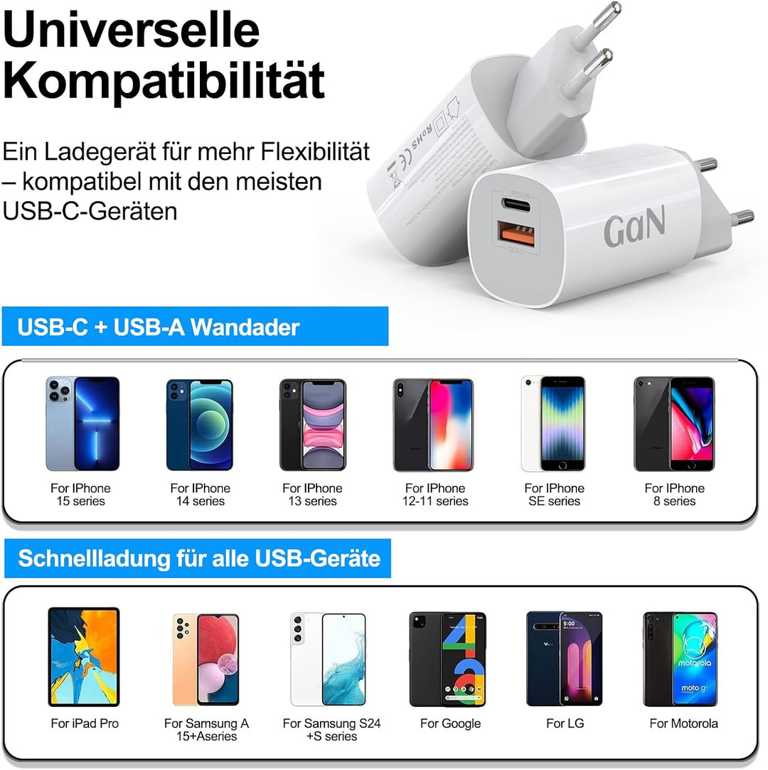 30W USB C Ladegerät 2-Pack Schnellladegerät Stecker mit 1.5M schnellladekabel für iPhone 17/16/15/14