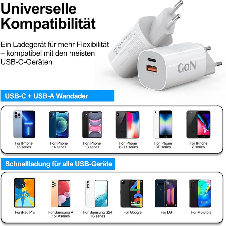 30W USB C Ladegerät 2-Pack Schnellladegerät Stecker mit 1.5M schnellladekabel für iPhone 17/16/15/14