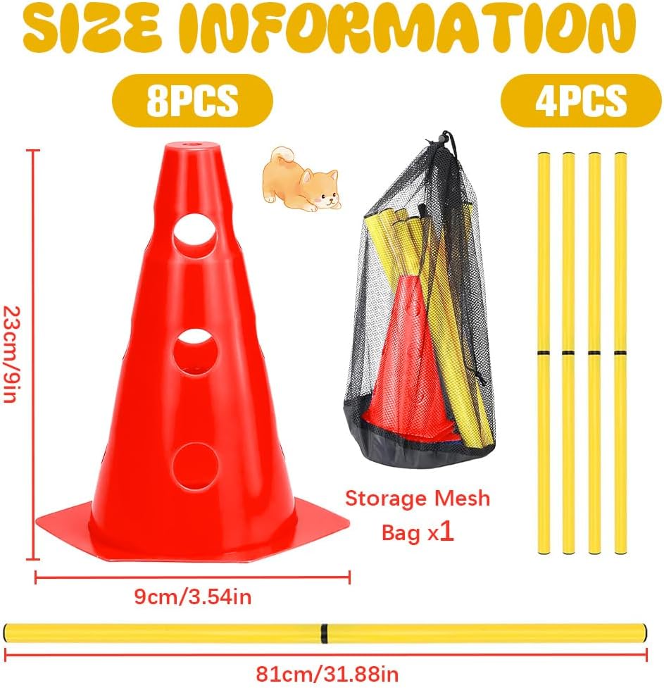 Agility Set Hunde, Steckhürden Set für Hunde, Kinder Agility Hürden mit 8 Kegel 23cm Höhe + 4 Stange