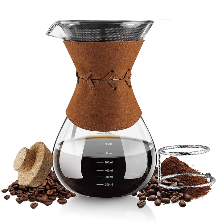 Kaffeebereiter mit Filter aus Edelstahl, 800ml Kaffeekanne für 5-6 Tassen Glas Pour Over Kaffeebrühe