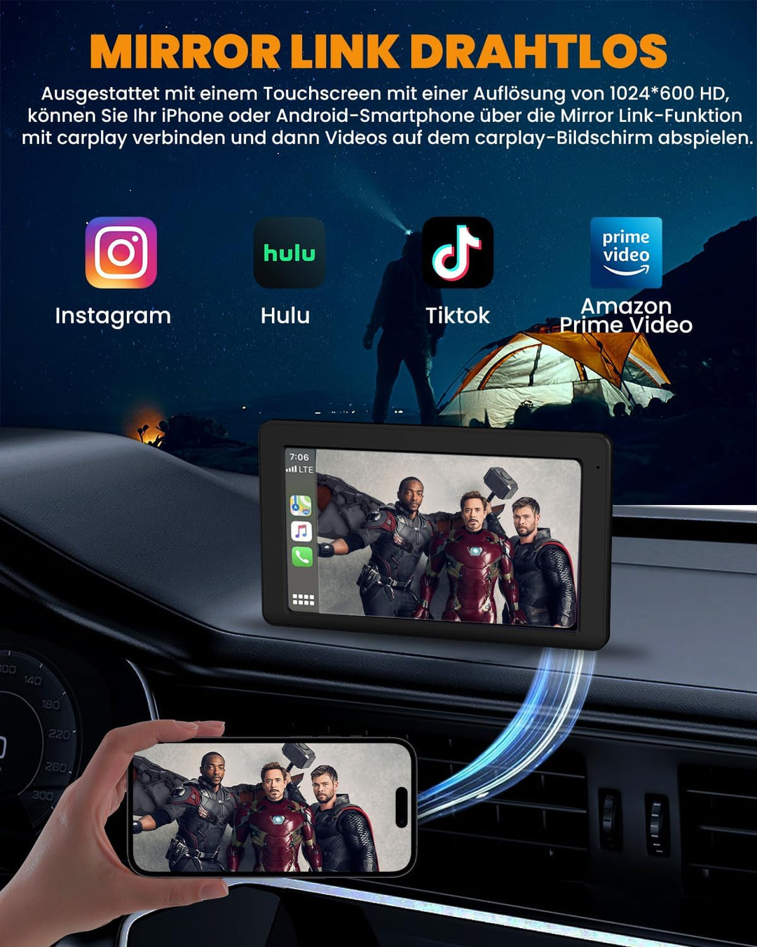 Carplay Display, 7" Apple Carplay, Android Auto Display mit GPS Navigation, Freisprecheinrichtung, B