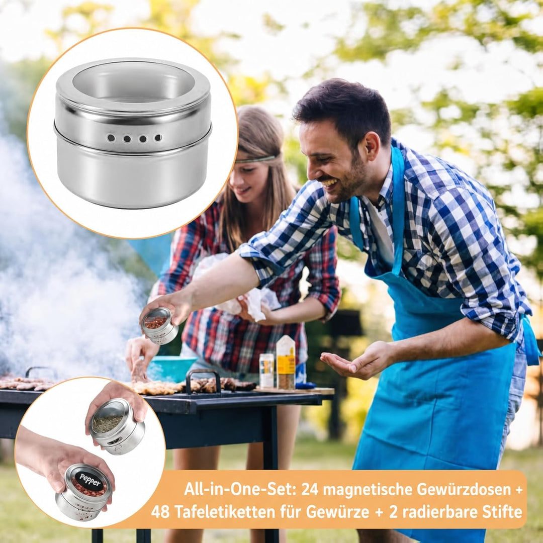 24 Stück Edelstahl Magnetische Gewürzdosen mit Deckeln, Magnet Gewürz Aufbewahrung Dosen Set mit 48
