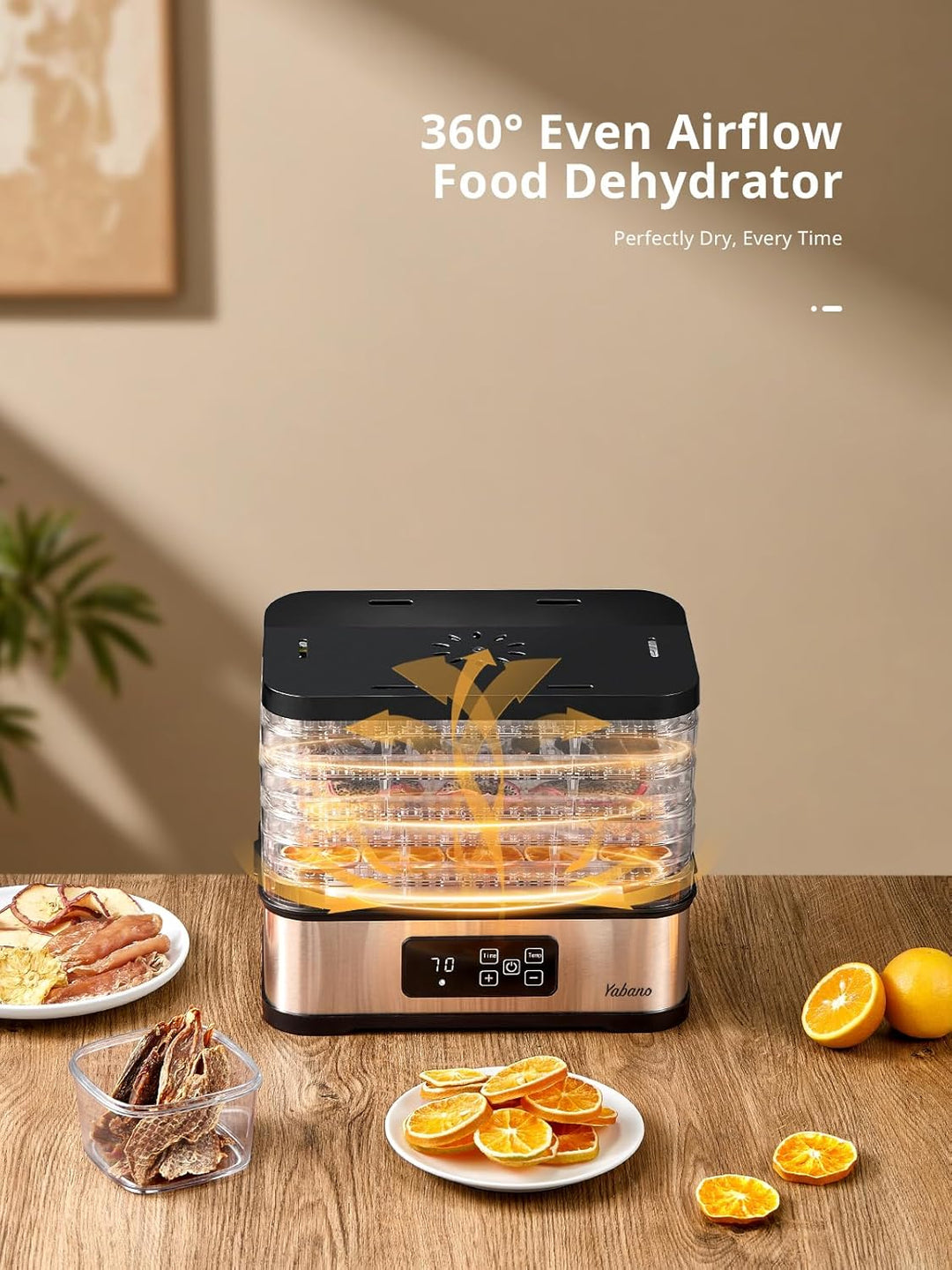 Dörrautomat mit 5 Ebenen, Kompakter Lebensmittel-Dörrer mit LED-Anzeige, 250W Trockner für Fleisch,