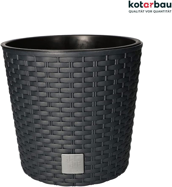 KOTARBAU® Blumentopf Ø 200x190mm Rattandesign Rund mit Innentopf Anthrazit, 200x190mm