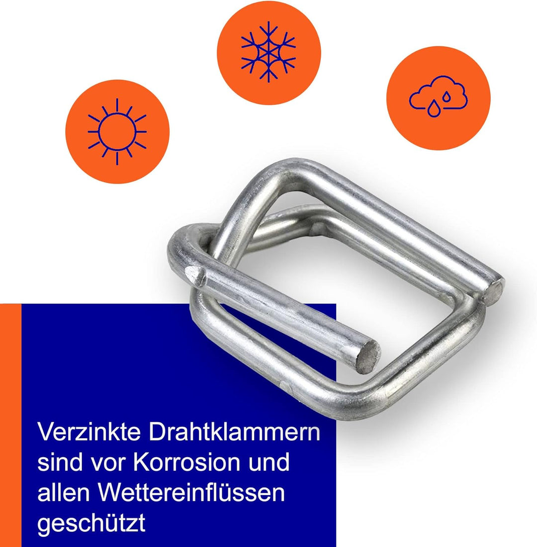 300 Stück 32mm Drahtverschlussklemmen | verzinkt | für 32mm Umreifungsband/Kraftband | Metallschnall