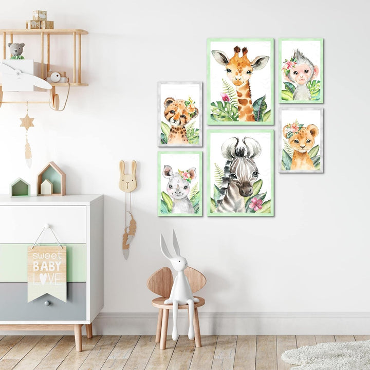 Novart Wandbilder Set Tiere Afrika Grün - KEIN EXTRA RAHMEN BENÖTIGT - Modern Deko - Kinderzimmer Mä