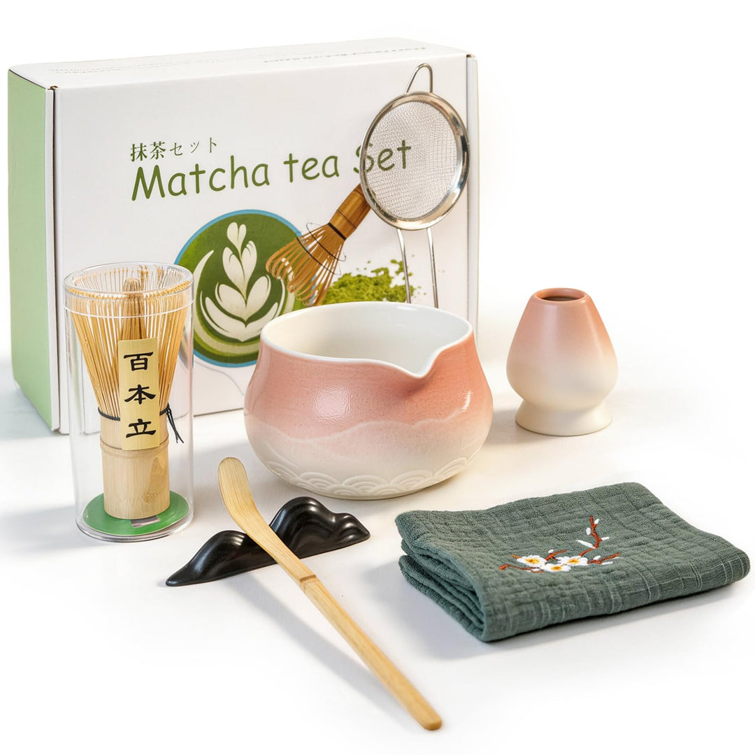 Matcha Set 7-teilig | Premium Tee-Zeremonie Set mit Matcha-Schale, Bambus-Chasen (100+ Spitzen), Hal