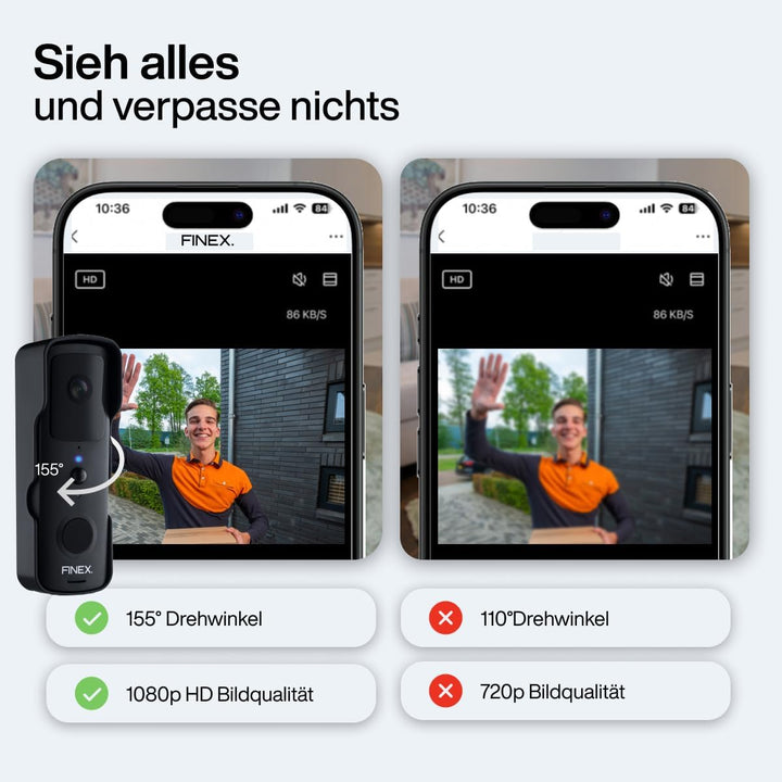 FINEX Video Türklingel, inkl. Innenklingel & Batterien, Tag- & Nachtmodus, Ohne Abonnement, Kabellos