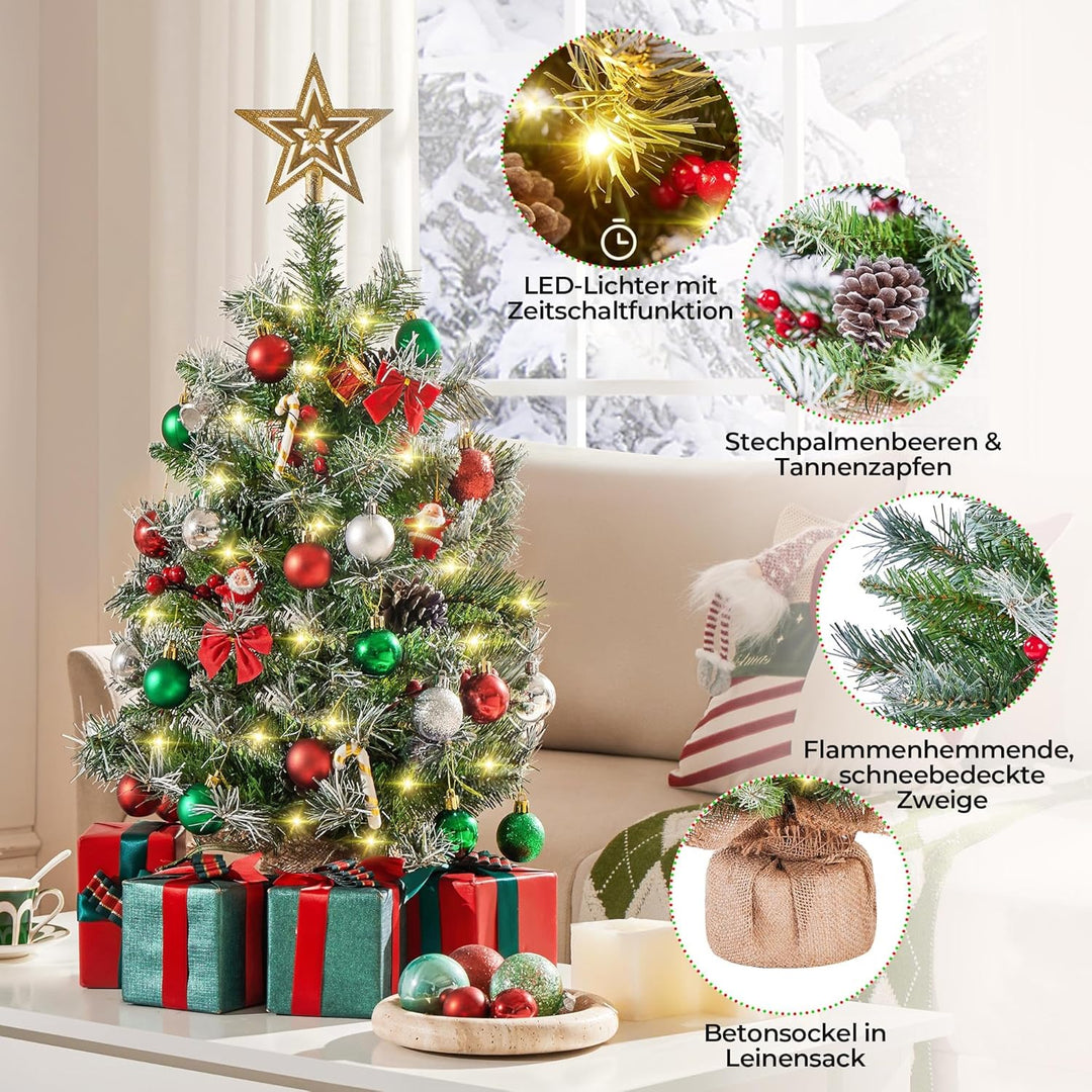 Yaheetech 2 Stück 98 cm Mini Künstlicher Weihnachtsbaum mit Schnee inkl. 50 Warmweiss LED & 70 Roten