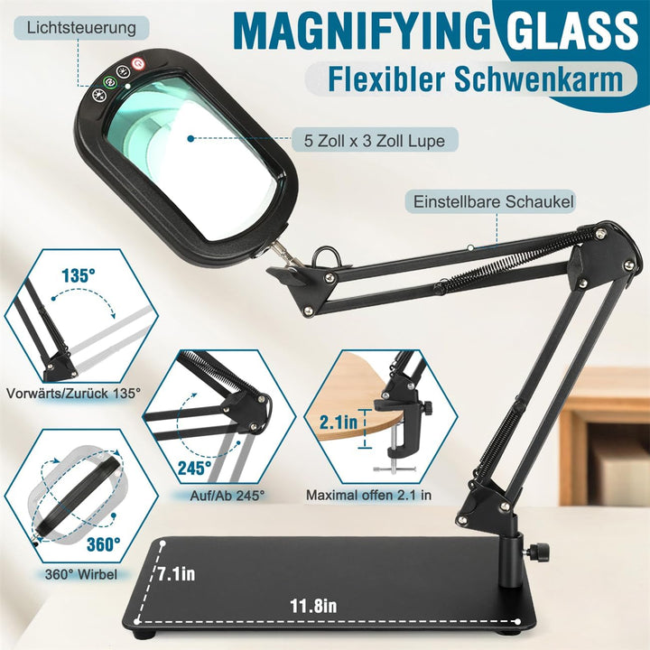 Veemagni 10X Rectangle Lupe mit Licht und Ständer, 5 Farbmodi stufenlos dimmbar, 2-in-1 LED beleucht