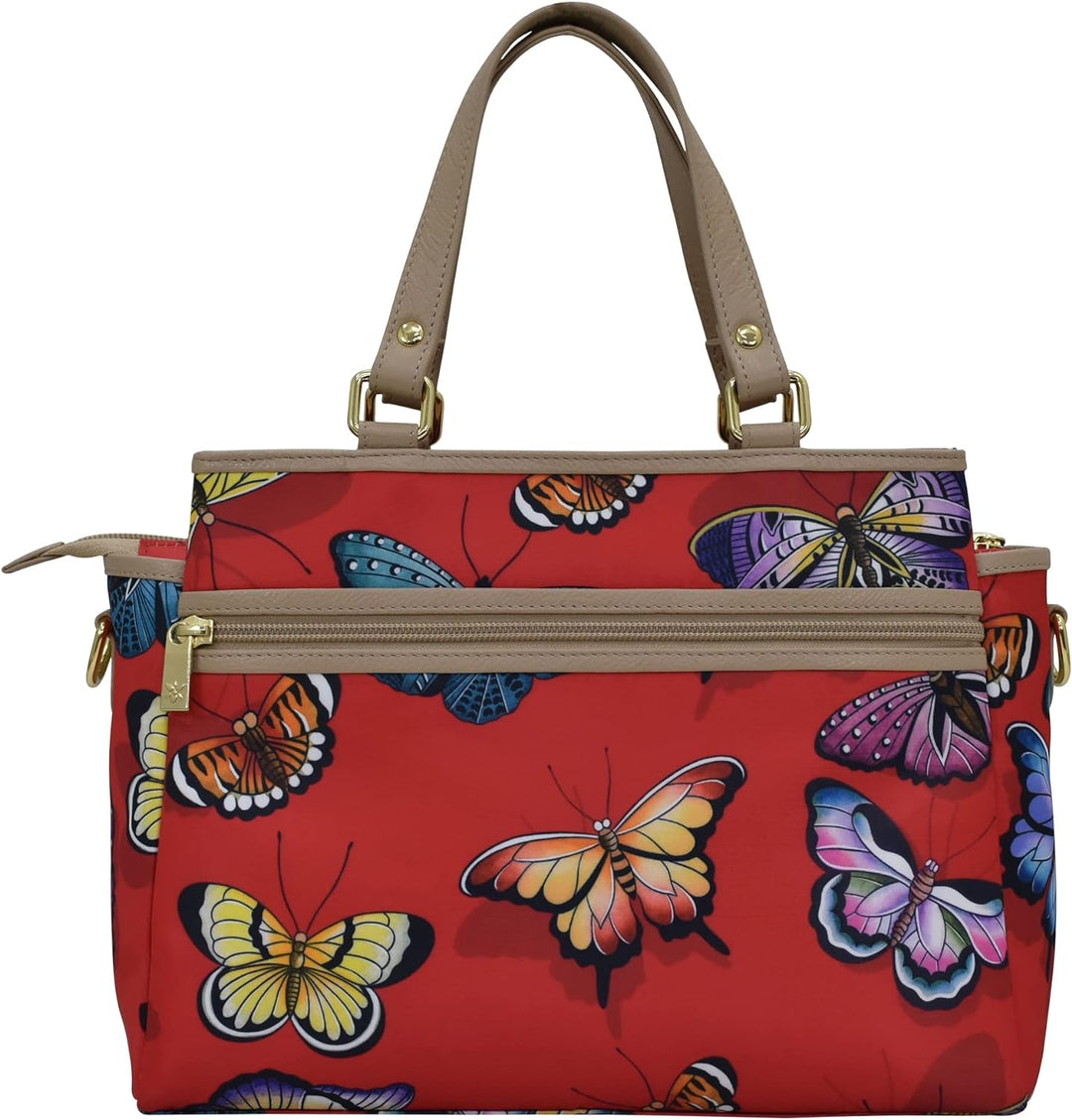 Anuschka Satchel mit Fächern - Wanderlust Kollektion - Nylonstoff mit Leader Trim und Kunstdruck But