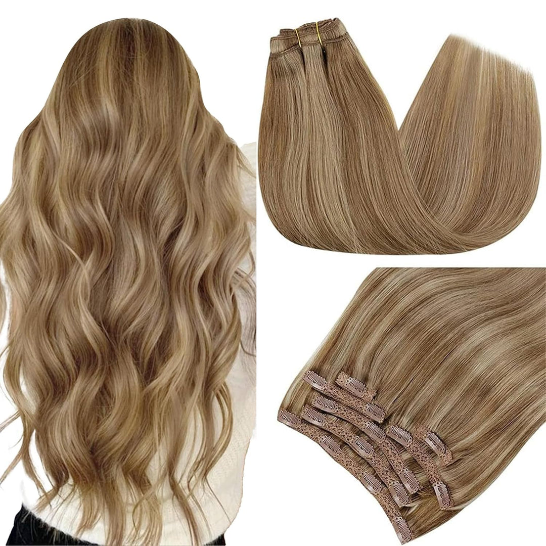 RUNATURE Blond Clip Extensions Echthaar Dunkelblond mit Goldblond Glatt Haar Clip in Haarextensions