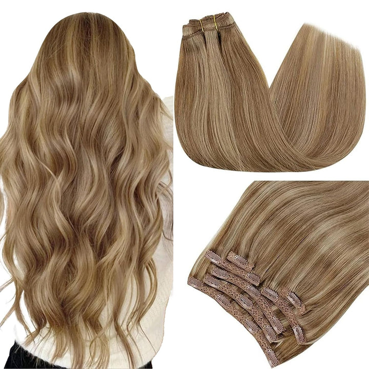 RUNATURE Blond Clip Extensions Echthaar Dunkelblond mit Goldblond Glatt Haar Clip in Haarextensions