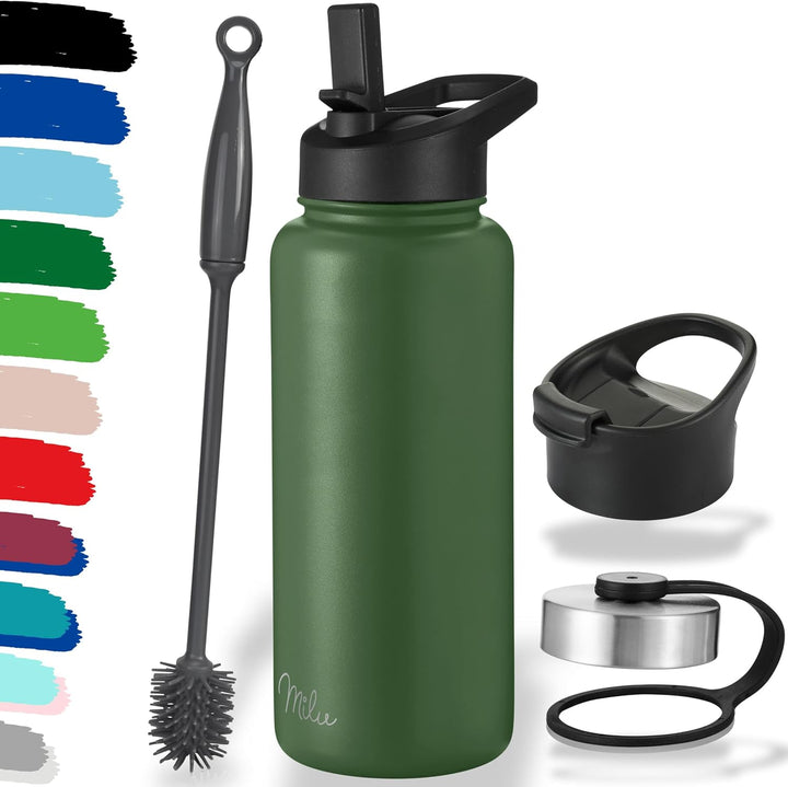 Milu Edelstahl Trinkflasche 500ml 750ml 1000ml (+3 Deckel) - Thermosflasche mit Strohhalm, Isolierte