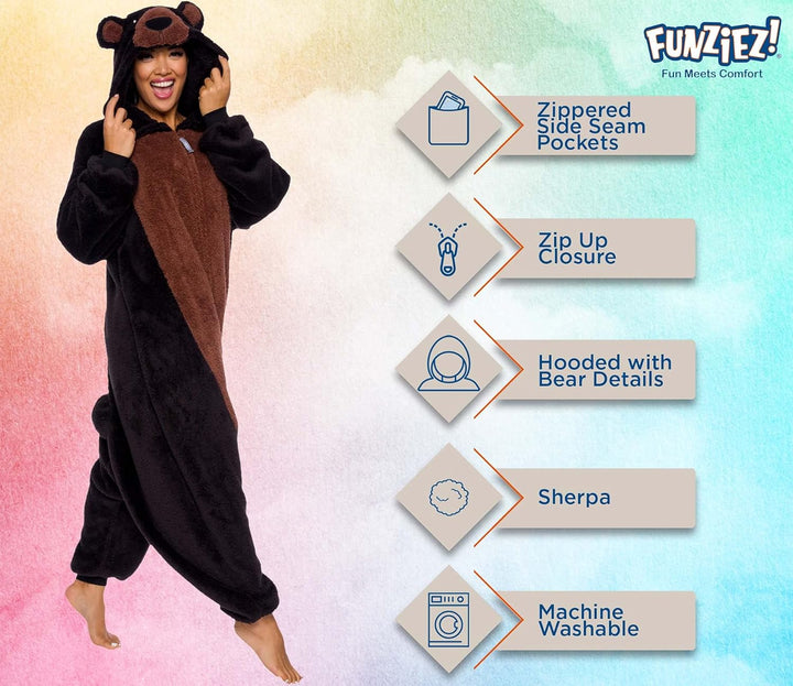 Funziez! Sherpa Bear Erwachsene Onesie Tier Halloween Kostüm Plüsch Teddy Einteiler Cosplay Anzug fü