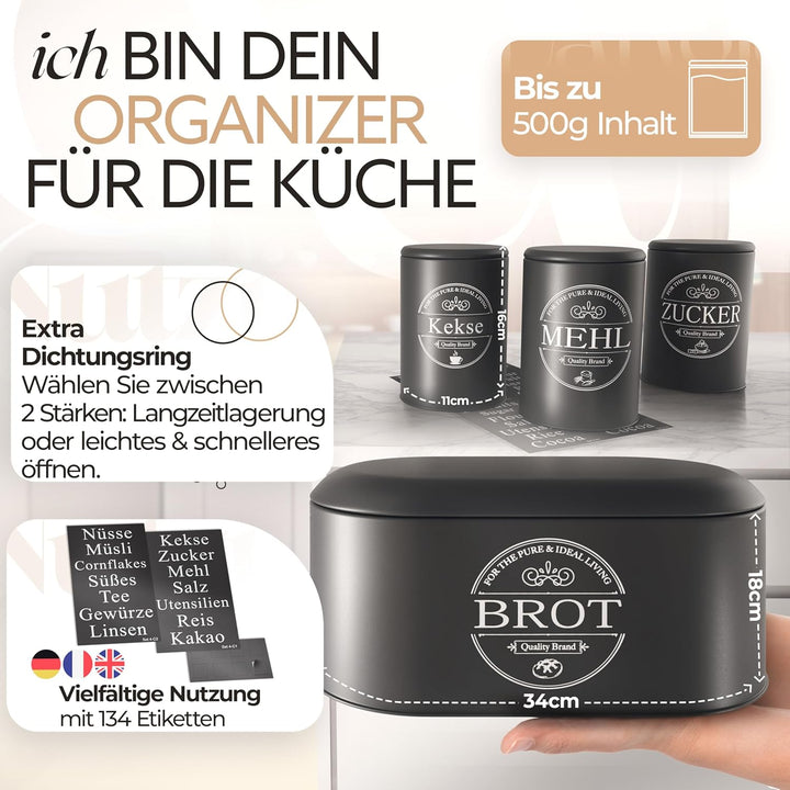 IDEALTASTIC® Premium Brotkasten 4er Set, Zuckerdose, Mehl Aufbewahrung & Kaffeedose luftdicht, Brotb