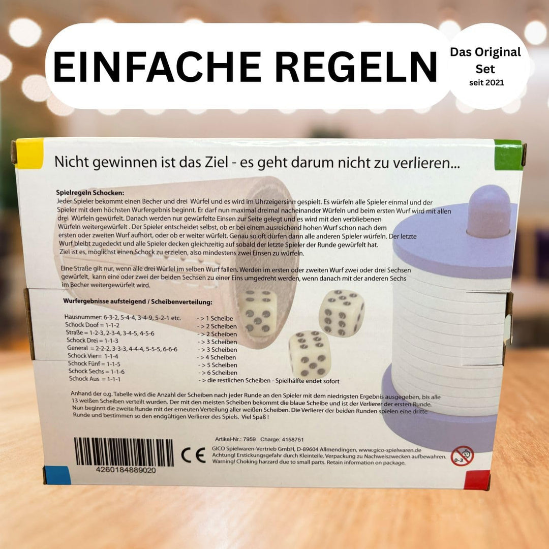 GICO Schocken Set - Komplett mit Schockbesteck, 4 Würfelbecher und 12 Würfeln - Jule Meiern Maxen Mö