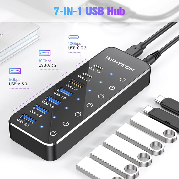 USB C 3.2 Hub Aktiv mit Netzteil, RSHTECH 7 Port USB 3.1 Gen2 Hub mit 3*10Gbps Datenports (Type-A, 2