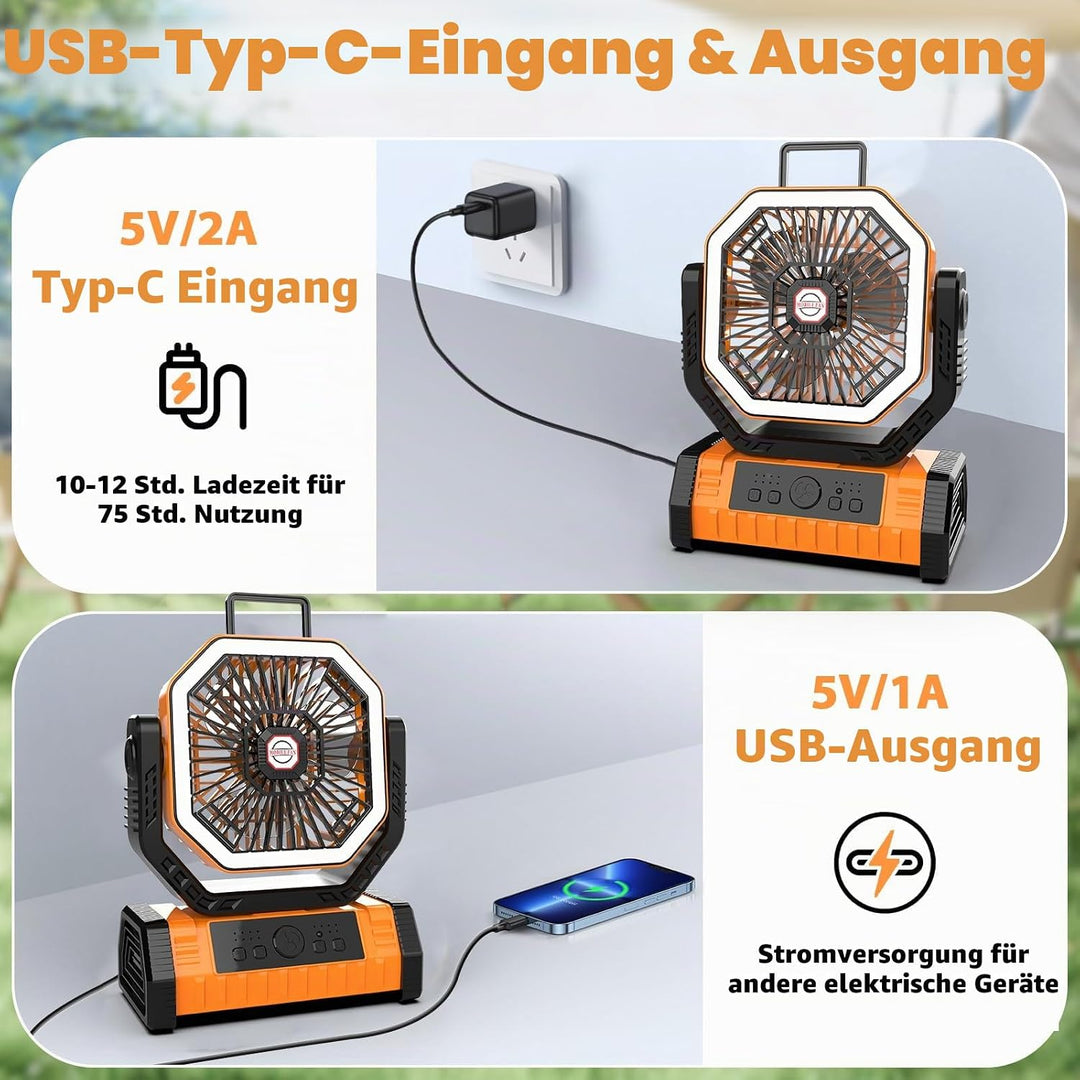 Vxoyo 20000mAh camping ventilator mit Licht, 4 Stufen, Akku-Zeltlüfter mit FB &amp; Haken, 8h Timer, Ebe