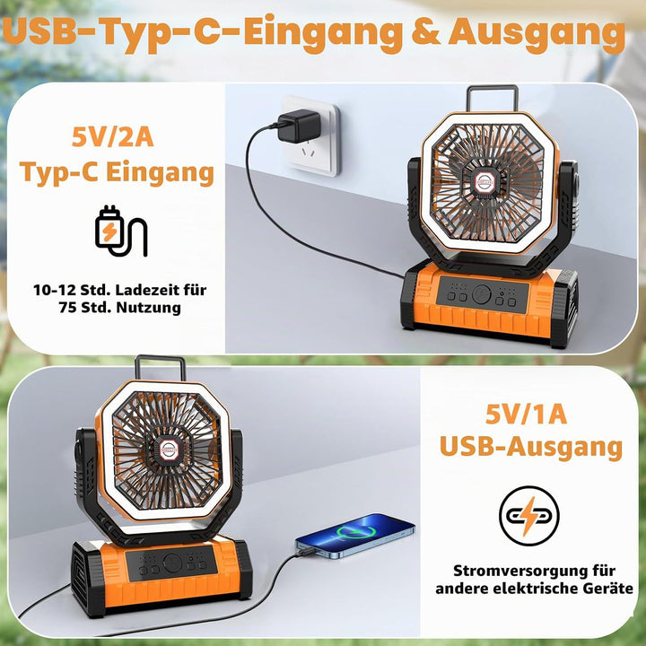 Vxoyo 20000mAh camping ventilator mit Licht, 4 Stufen, Akku-Zeltlüfter mit FB &amp; Haken, 8h Timer, Ebe
