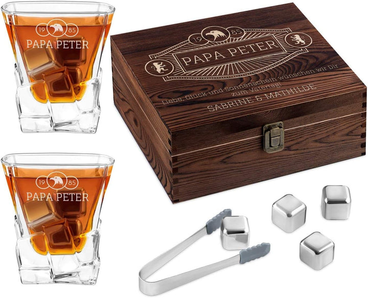 Maverton Whisky Steine Set - in Holzbox mit Gravur - 8 Eiswürfel + 2 Whisky Gläser + Zange + Samtbeu