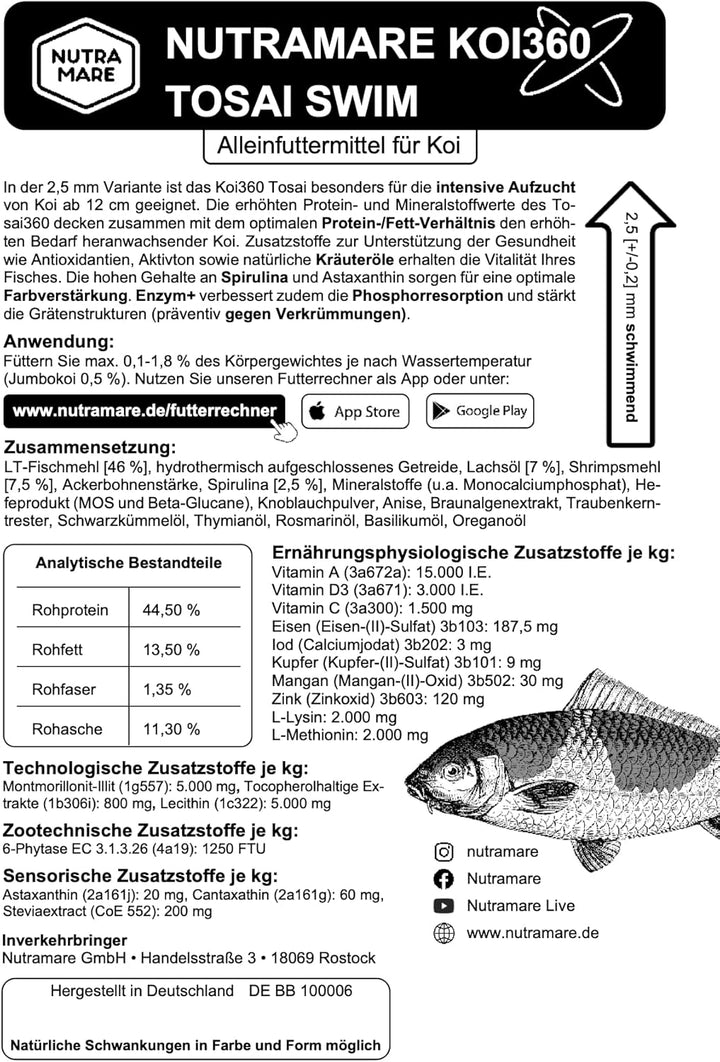 Nutramare Koi360 Tosai Swim 10kg | Für kraftvolles Wachstum Kleiner Koi ab 12 cm, 2,5mm Pellets zur