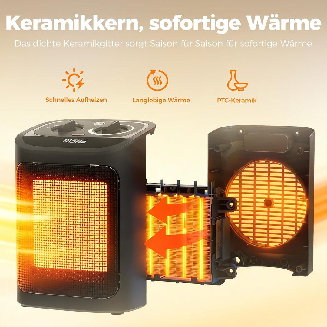 YASHE Elektroheizkörper 1500W, PTC Keramik Heizlüfter mit Thermostat, 2 Heizstufen + Ventilatormodus