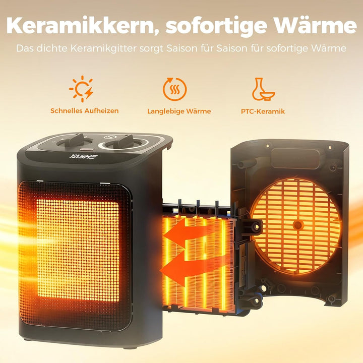 YASHE Elektroheizkörper 1500W, PTC Keramik Heizlüfter mit Thermostat, 2 Heizstufen + Ventilatormodus