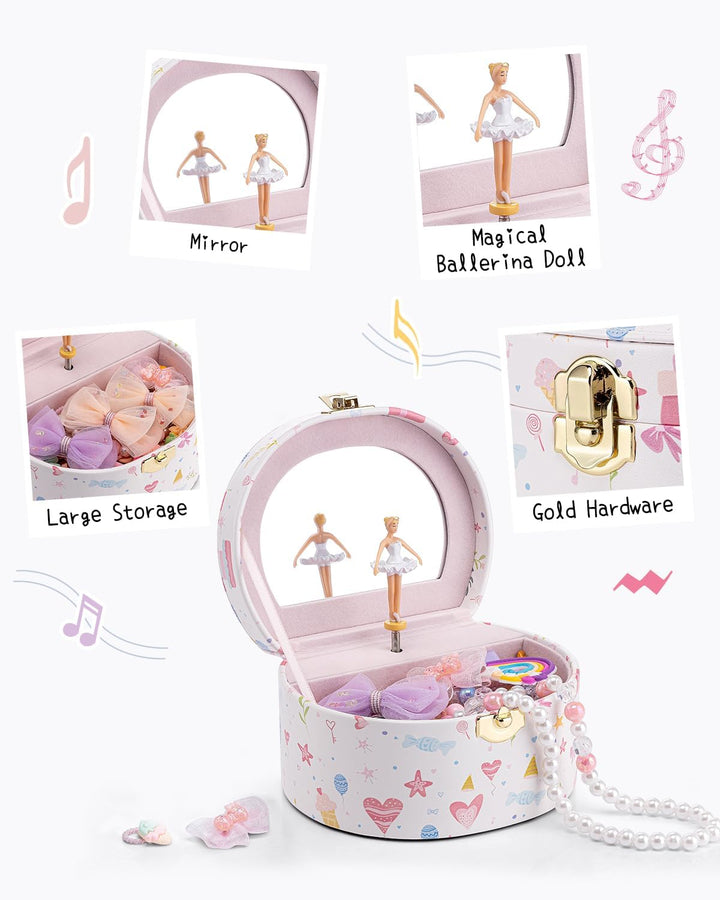 VLANDO Schmuckkästchen Mädchen mit Spieluhr, Schmuckkasten Kinder mit Drehendem Ballerina & Spiegel,