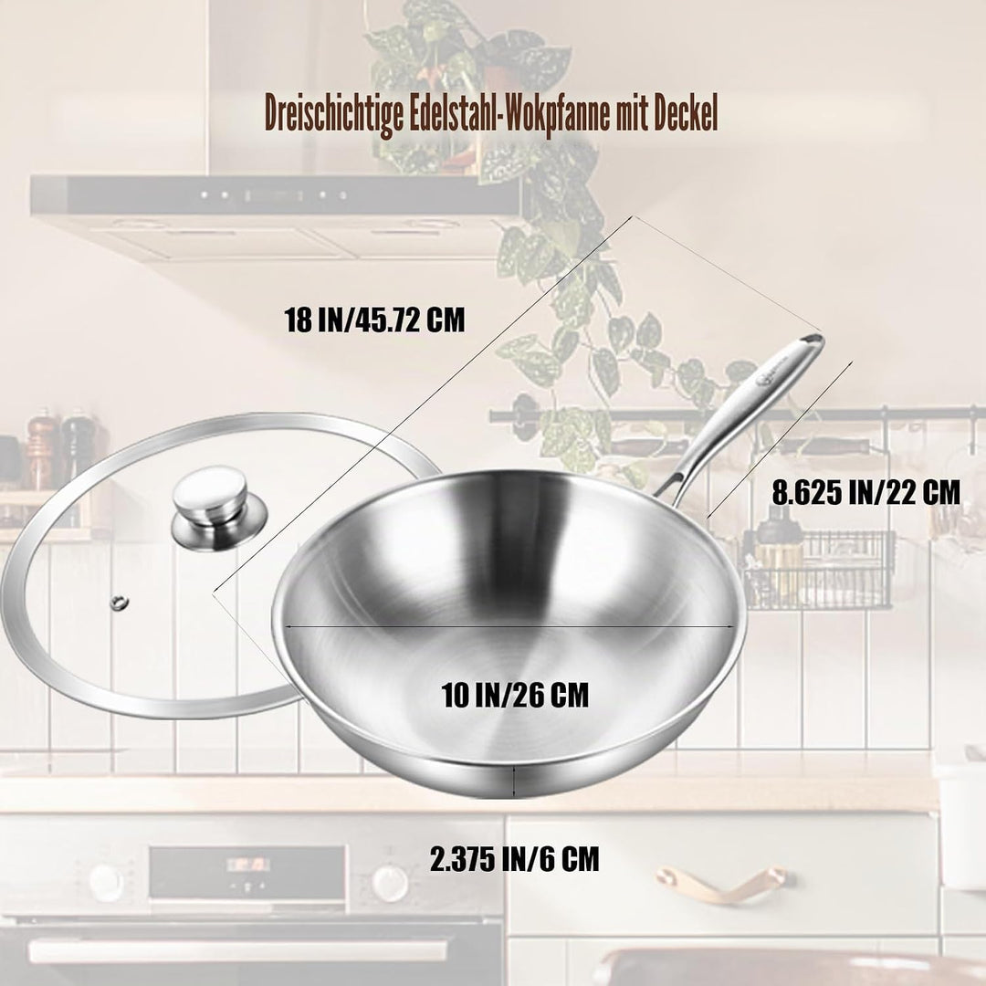LOLYKITCH Wokpfanne Edelstahl 26 cm mit Deckel, Unbeschichtete Wok Pfanne für Induktion & Gasherd, E