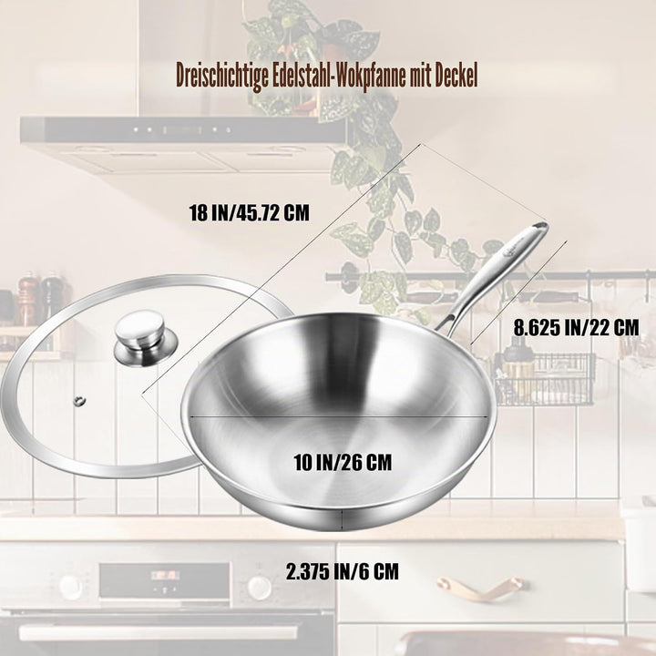 LOLYKITCH Wokpfanne Edelstahl 26 cm mit Deckel, Unbeschichtete Wok Pfanne für Induktion & Gasherd, E