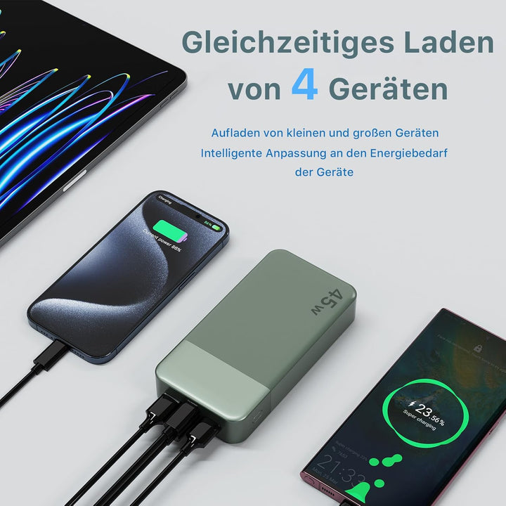 NOBIS Power Bank, Powerbank 20000mAh, 45W Externe Handyakkus Schnellladen, Externer Akku mit C zu C