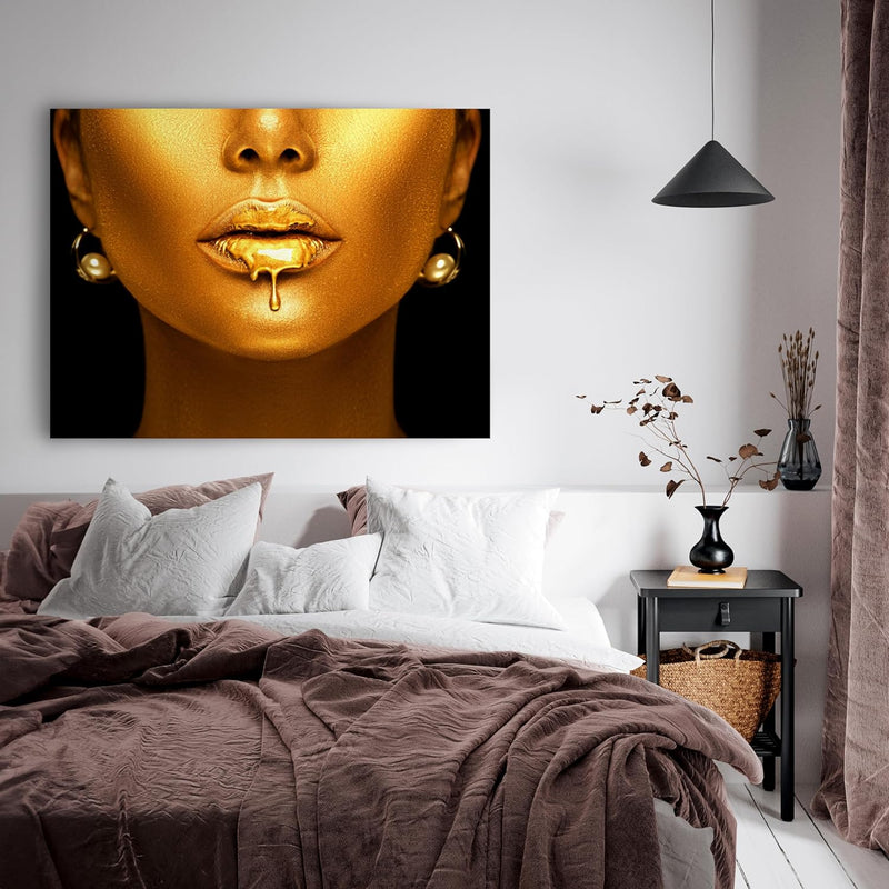 wandmotiv24 Leinwand-Bild Gold Collection, Grösse 60x45cm, Querformat, Frau in Gold, tropfende Farbe